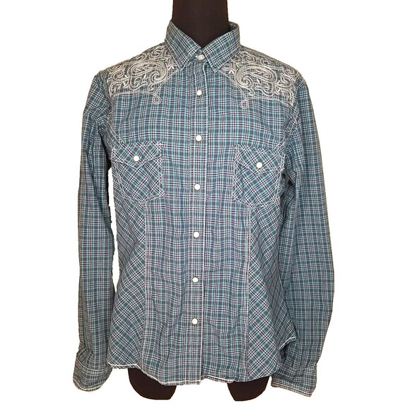 Panhandle Rough Stock Pearl Snap Shirt Women's M Blue Embroidered  Western  T33 - Picture 1 of 11